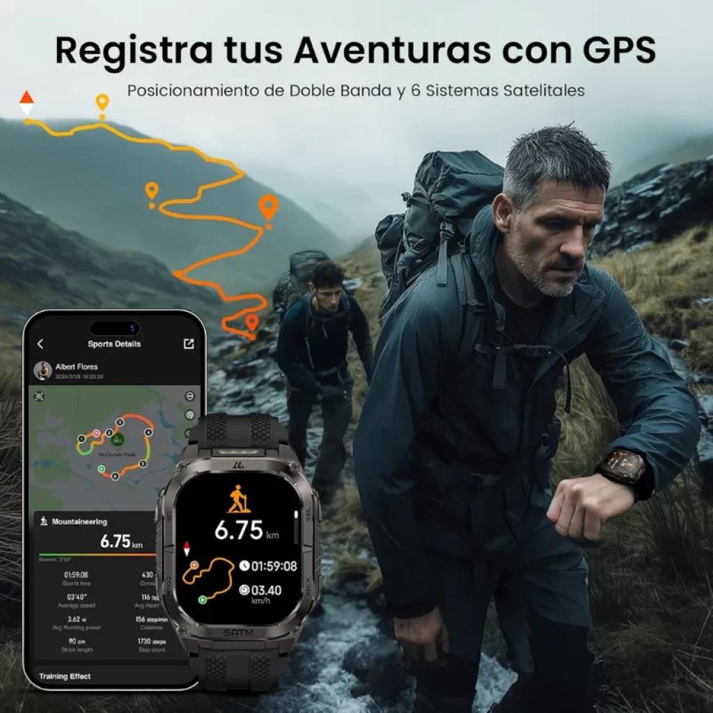 Kospet Tank M4C Preto com pulseira preta, ecrã AMOLED de 1,96 polegadas. Design robusto, localização GPS no mapa e modo walkie-talkie no pulso.