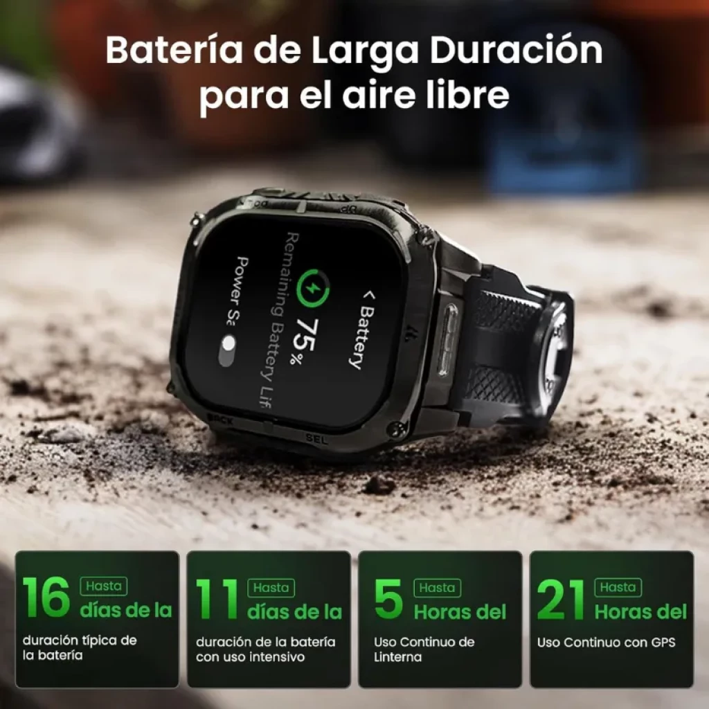 Kospet Tank M4C preto com correia preta, ecrã AMOLED de 1,96 polegadas, design robusto, indicador de bateria de 75% e botões laterais SEL e BACK