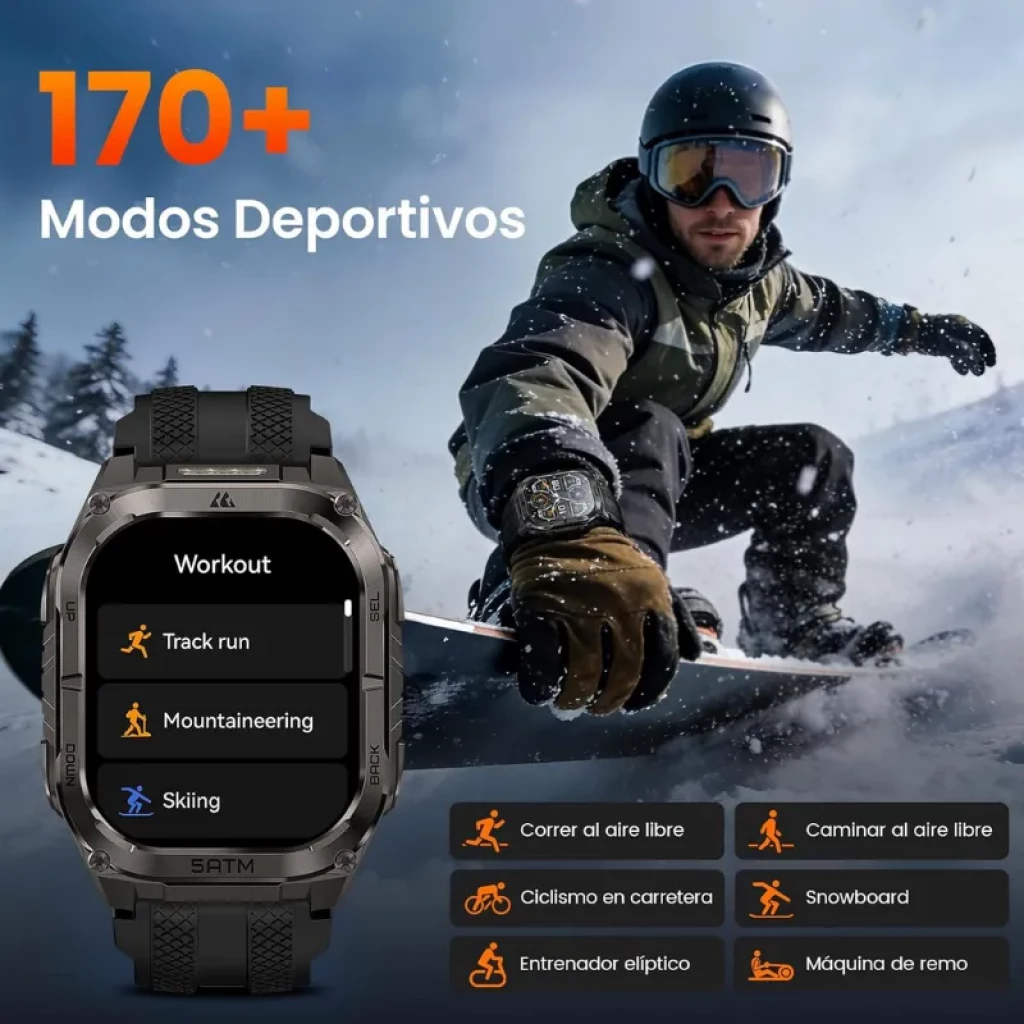 Kospet Tank M4C Preto com bracelete preta, caixa robusta prateada e ecrã AMOLED 1,96. Interface desportiva com modos como corrida em pista, montanhismo e esqui