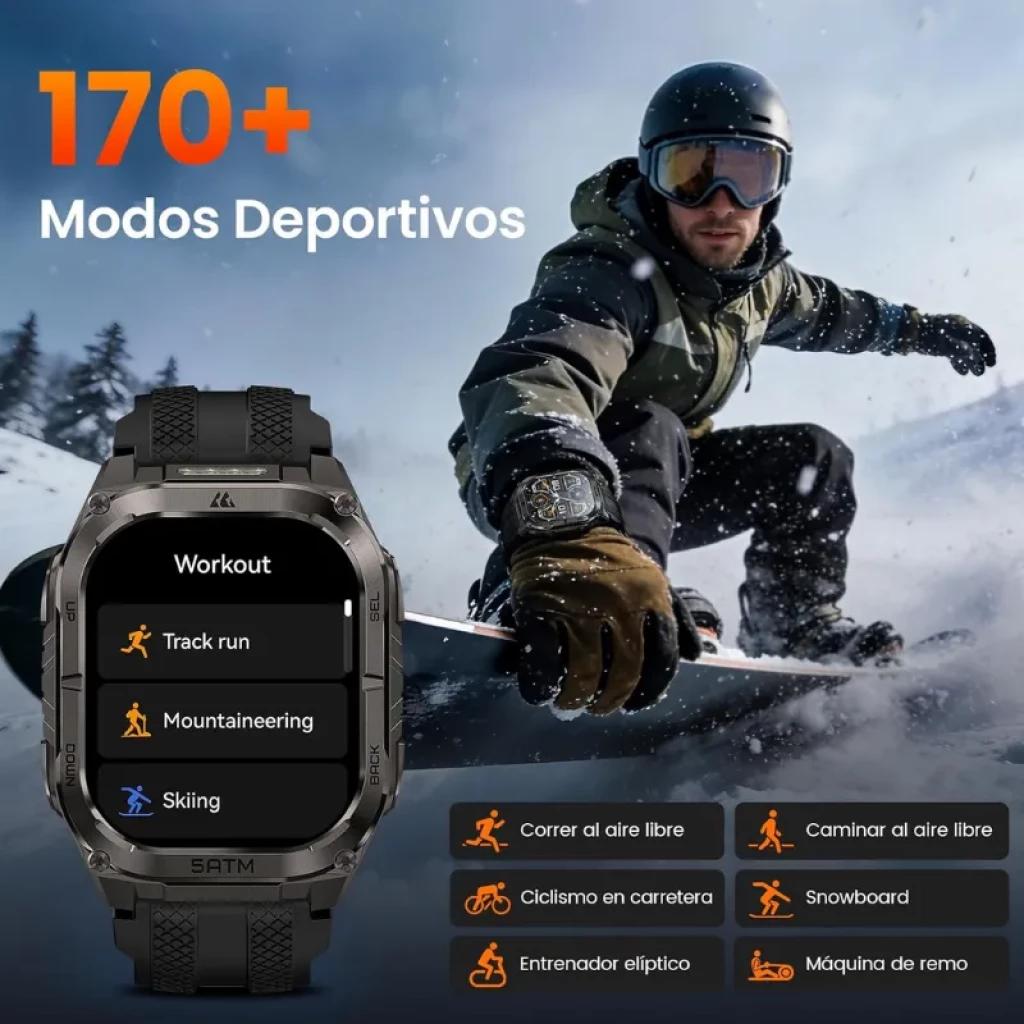 Kospet Tank M4C Preto com bracelete preta, caixa robusta prateada e ecrã AMOLED 1,96. Interface desportiva com modos como corrida em pista, montanhismo e esqui