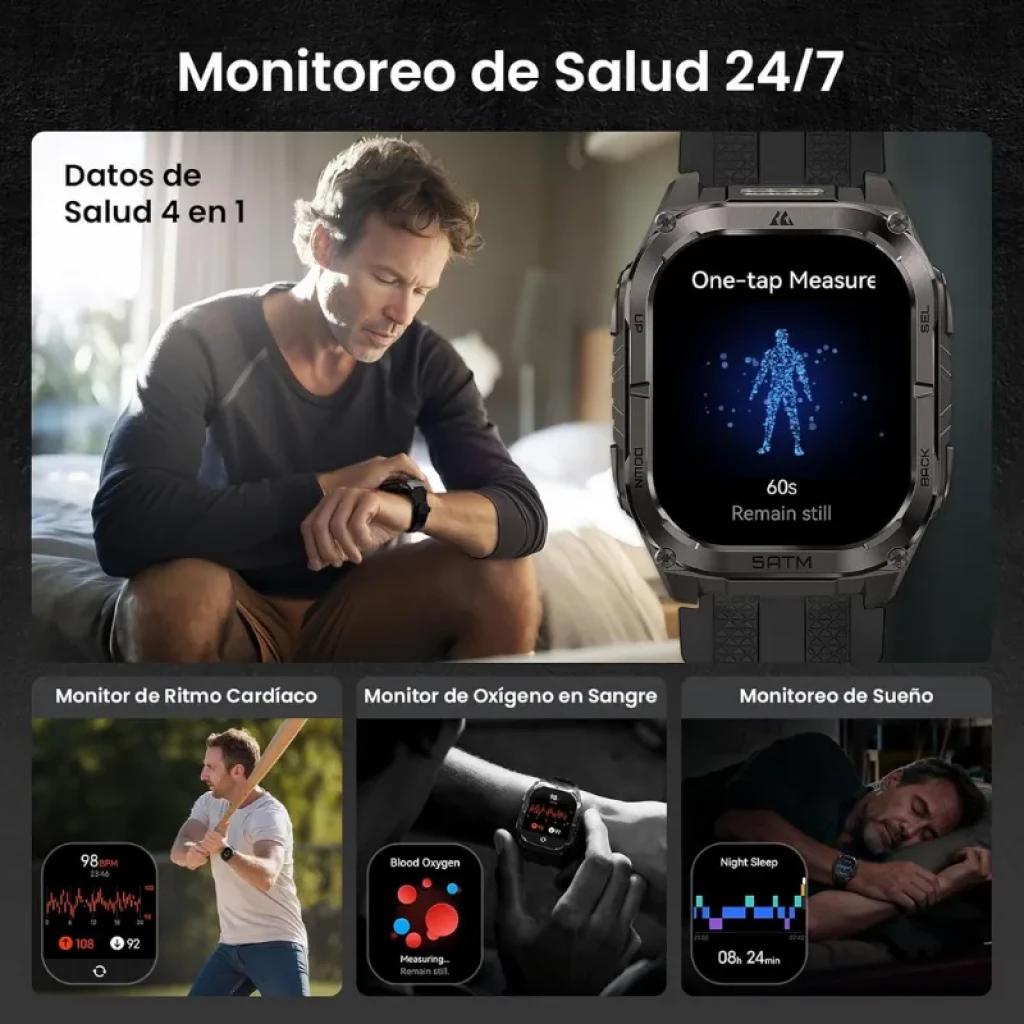 Kospet Tank M4C Preto com pulseira preta, caixa robusta 5ATM, ecrã AMOLED de 1,96 polegadas; widget One-tap Measure e visualizações de ritmo, SpO2 e sono