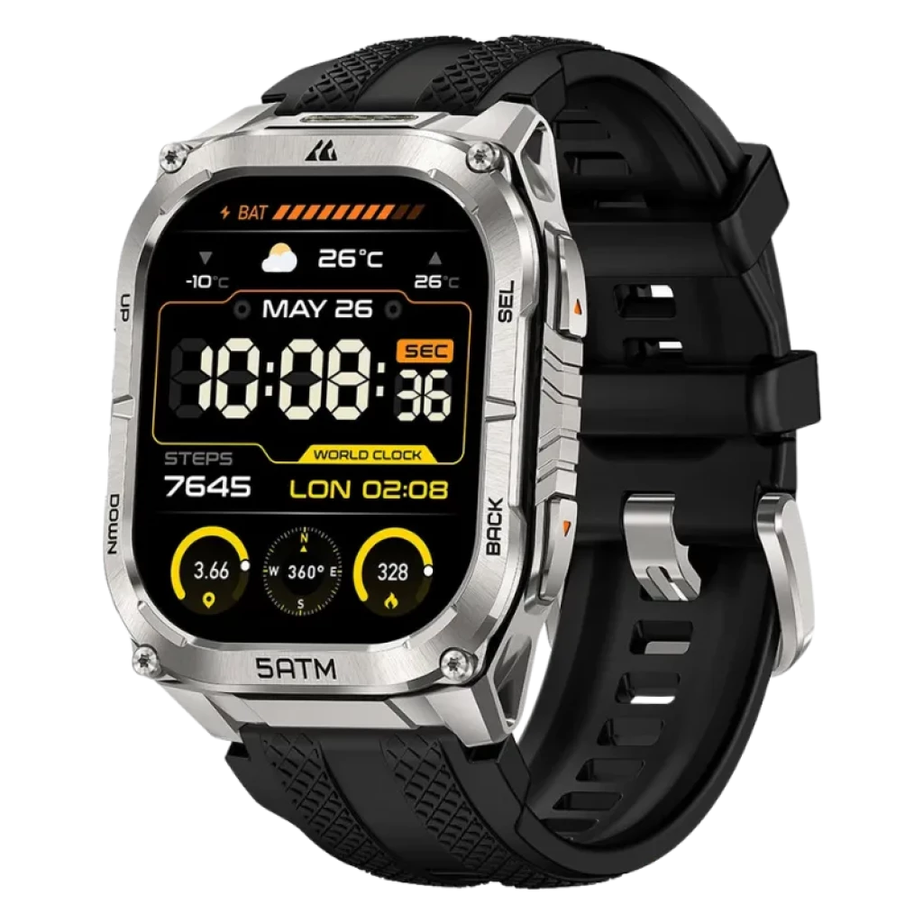 Kospet Tank M4C prateado com pulseira preta, caixa metálica robusta, ecrã AMOLED 1,96 com bordas retas, botões laterais e mostrador com métricas desportivas