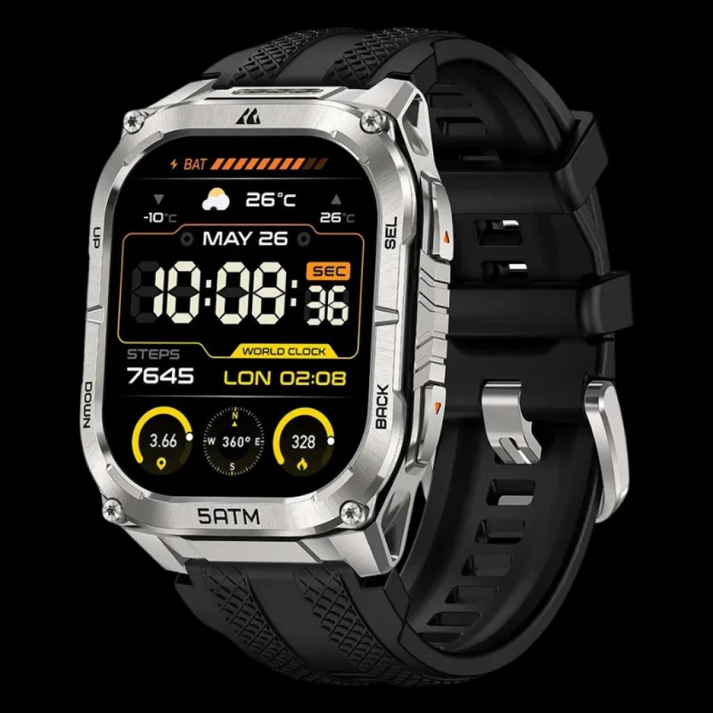 Kospet Tank M4C prateado com pulseira preta, caixa metálica robusta, ecrã AMOLED 1,96 com bordas retas, botões laterais e mostrador com métricas desportivas