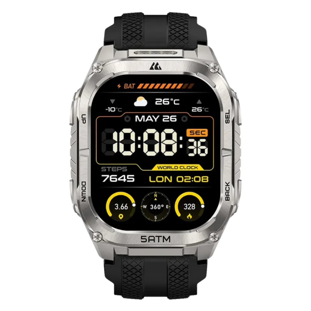 Vista frontal do Kospet Tank M4C Prata com bracelete preta, ecrã AMOLED de 1,96 polegadas, moldura metálica robusta, botões laterais, mostrador digital com métricas e relógio mundial