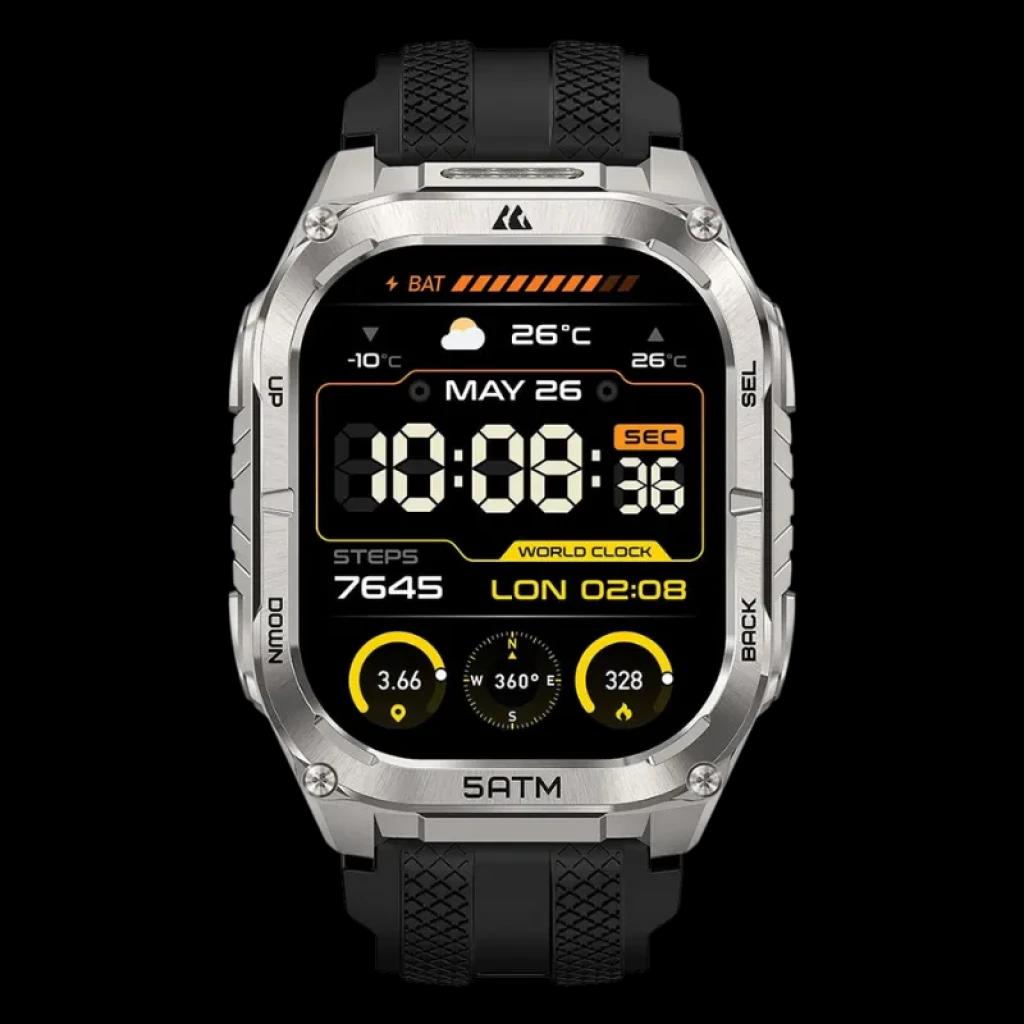 Vista frontal do Kospet Tank M4C Prata com bracelete preta, ecrã AMOLED de 1,96 polegadas, moldura metálica robusta, botões laterais, mostrador digital com métricas e relógio mundial