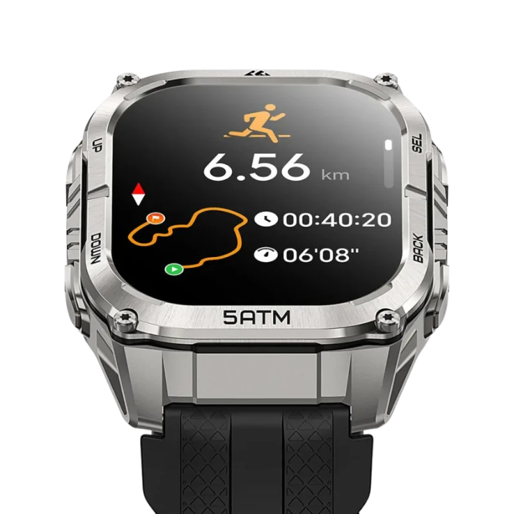 Kospet Tank M4C Prata com pulseira preta, caixa robusta, ecrã AMOLED de 1,96 polegadas; mostra rota, distância de 6,56 km, cronómetro e ritmo; 5ATM