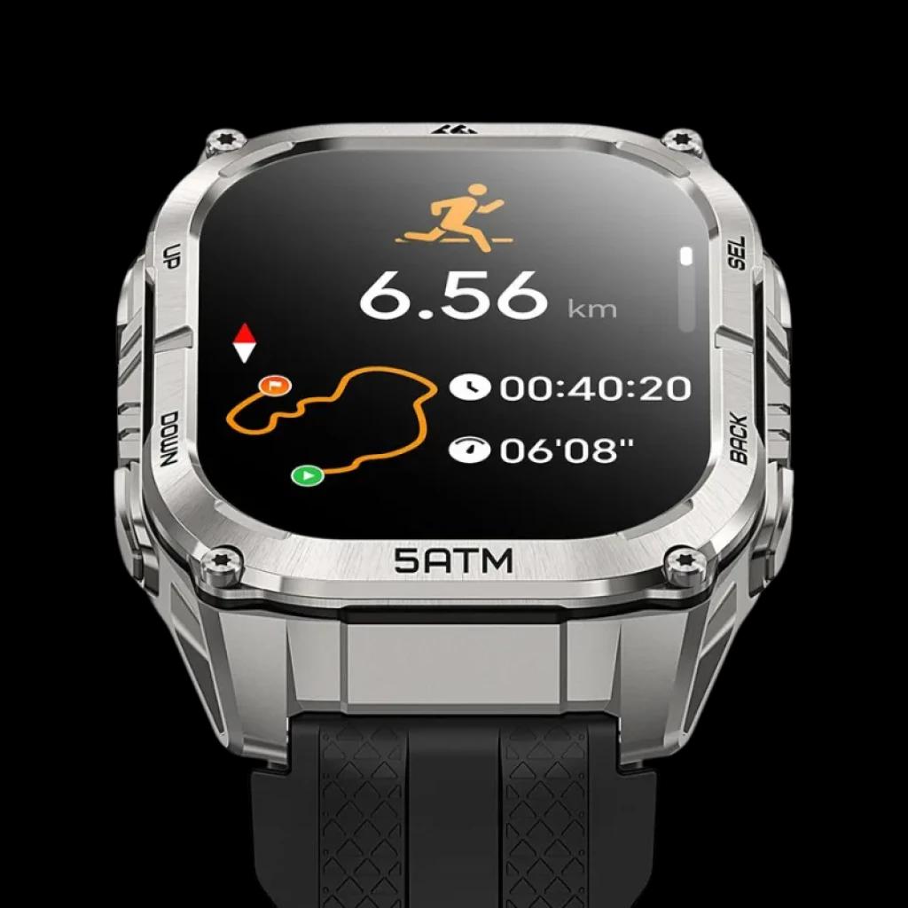 Kospet Tank M4C Prata com pulseira preta, caixa robusta, ecrã AMOLED de 1,96 polegadas; mostra rota, distância de 6,56 km, cronómetro e ritmo; 5ATM