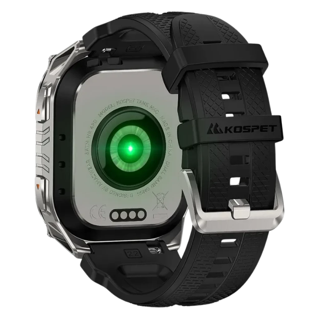Kospet Tank M4C Prata com bracelete preta; parte traseira metálica robusta, sensor ótico verde centralizado e fivela prateada; design resistente e desportivo