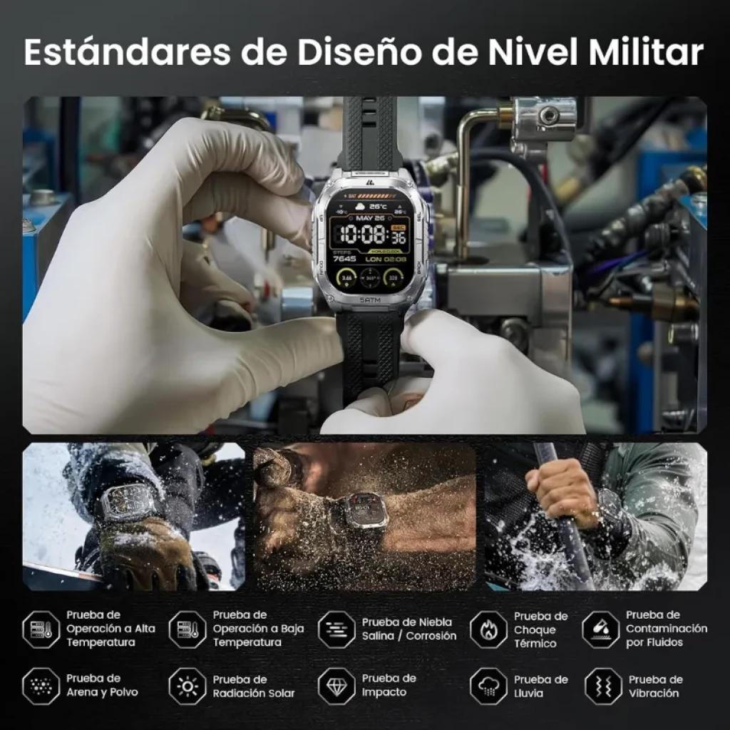 Kospet Tank M4C Prata com pulseira preta, ecrã AMOLED de 1,96 polegadas. Design robusto de tipo militar, botões laterais e moldura metálica resistente.