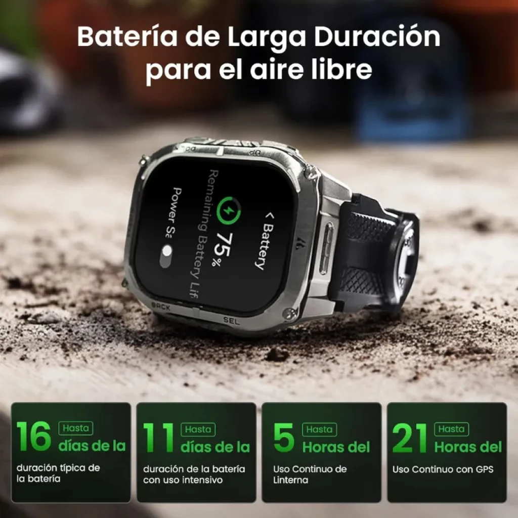 Kospet Tank M4C prateado com correia preta, ecrã AMOLED de 1,96 polegadas, design robusto, indicador de bateria de 75% e botões laterais SEL e BACK