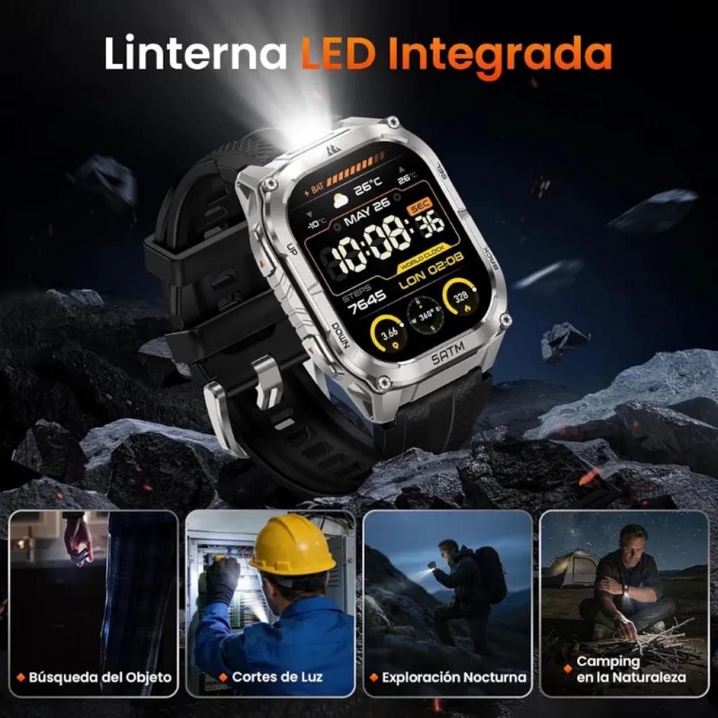 Kospet Tank M4C Prata com bracelete preta, ecrã AMOLED de 1,96 polegadas, moldura metálica robusta, lanterna LED integrada, design resistente 5ATM
