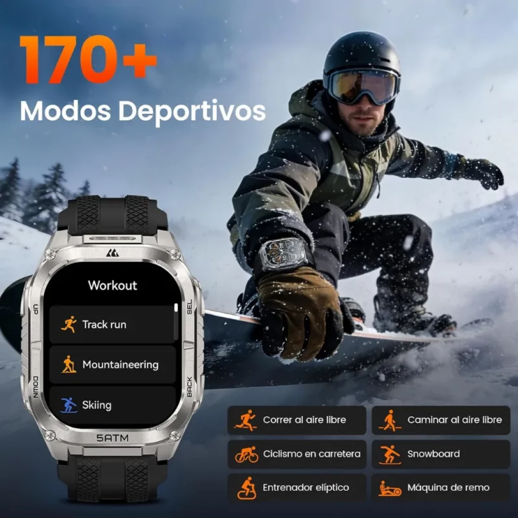 Kospet Tank M4C Prata com pulseira preta, caixa robusta prateada e ecrã AMOLED 1,96. Interface desportiva com modos como corrida em pista, montanhismo e esqui.