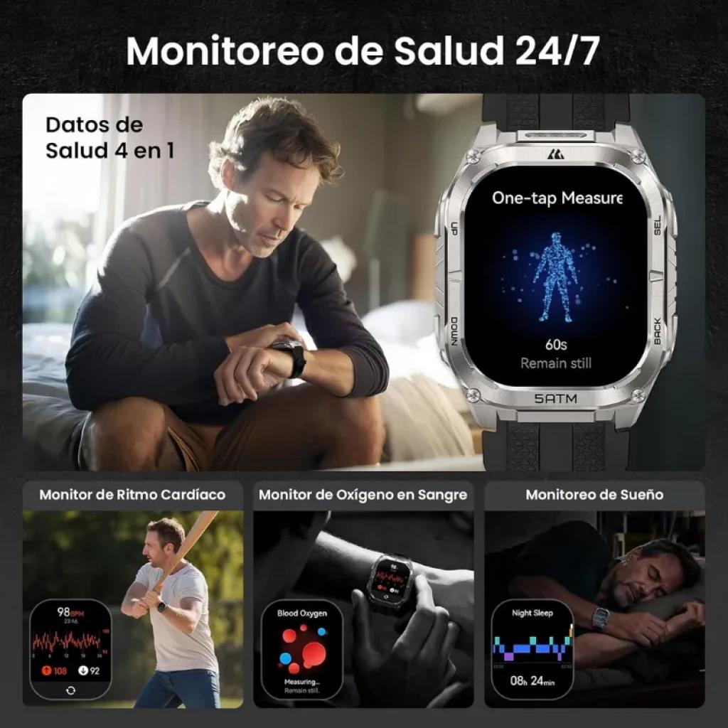 Kospet Tank M4C Prata com pulseira preta, caixa robusta 5ATM, ecrã AMOLED de 1,96 polegadas; widget One-tap Measure e visualizações de ritmo, SpO2 e sono.