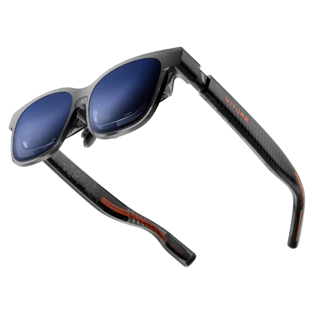 Viture Luma Pro XR Talla L gafas AR con lentes azul espejo, montura negra elegante y patillas de fibra de carbono con detalles naranjas y logo VITURE