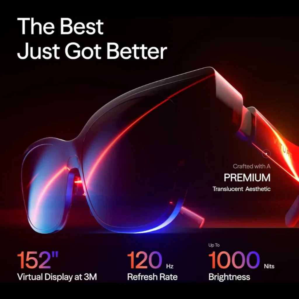 Viture Luma Pro XR Talla L: gafas AR negras con estética translúcida premium, lentes grandes curvas, bordes iluminados en rojo y azul, diseño moderno