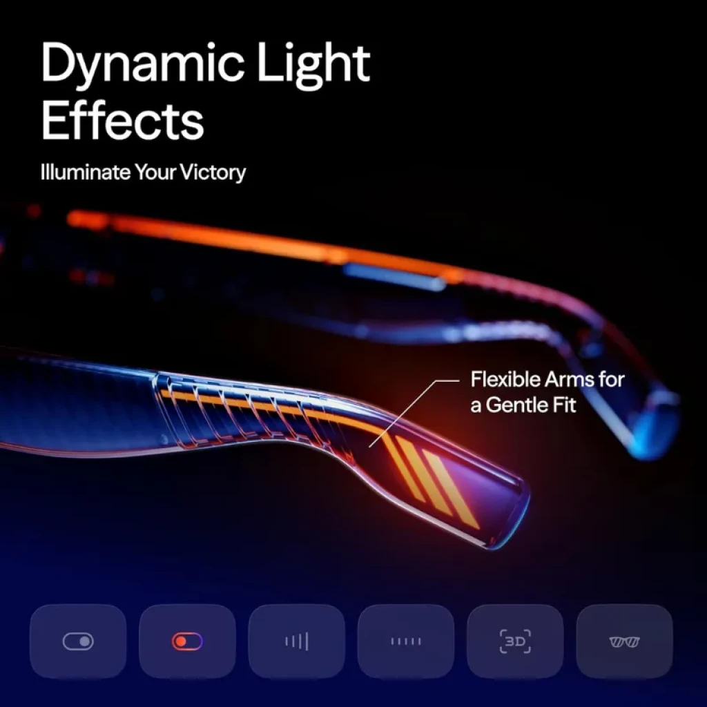 Viture Luma Pro XR Talla L con varillas flexibles para ajuste suave, diseño curvo y detalles luminosos en naranja y azul, estilo futurista y ligero
