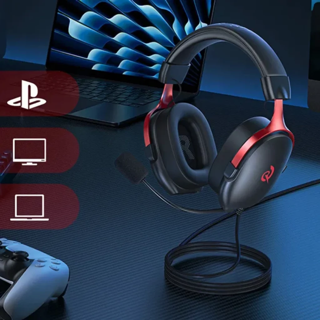 QCY Heroad VN200 USB-A com iluminação vermelha, microfone destacável e headband acolchoada; auscultadores over-ear para gaming com cabo longo
