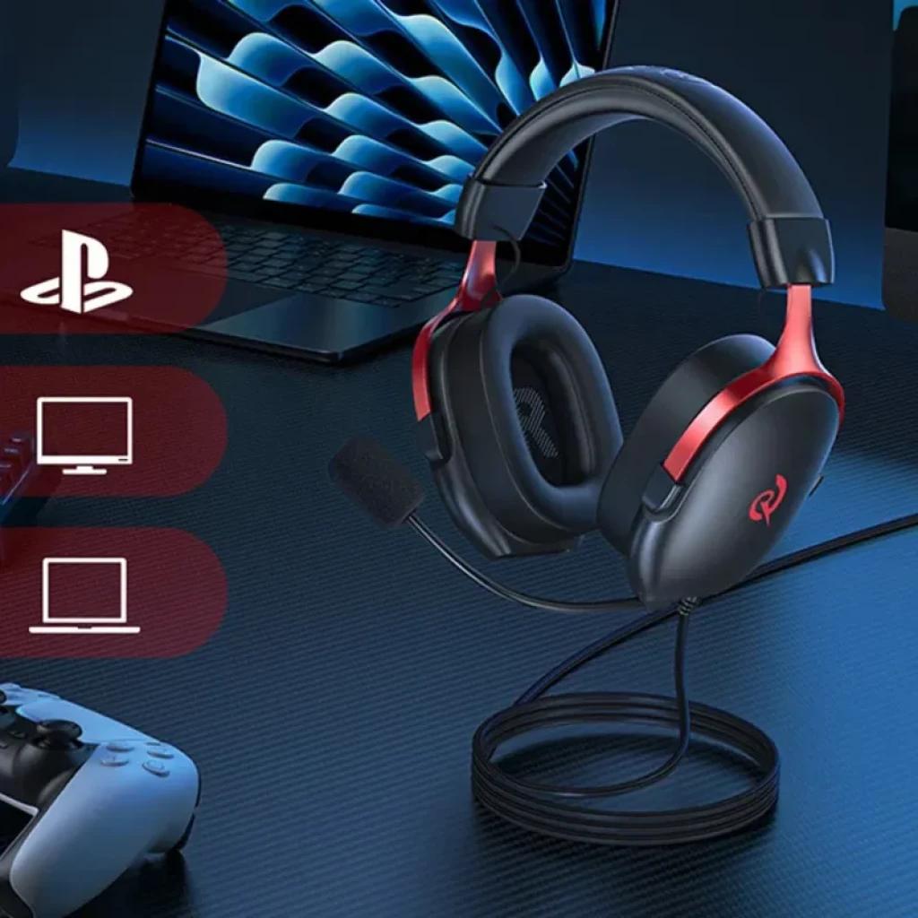 QCY Heroad VN200 USB-A com iluminação vermelha, microfone destacável e headband acolchoada; auscultadores over-ear para gaming com cabo longo