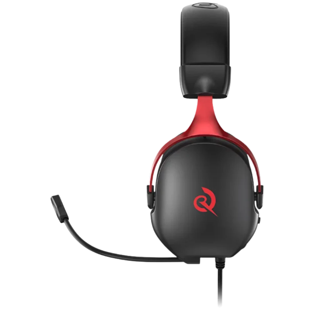 QCY Heroad VN200 USB-A com design preto e vermelho, conchas over-ear, microfone flexível destacável e cabo, logotipo QCY visível e arco acolchoado