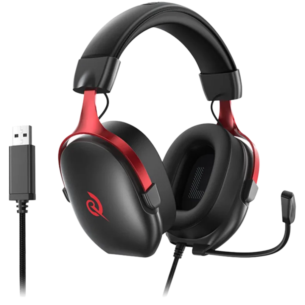 QCY Heroad VN200 USB-A: auscultadores gaming preto e vermelho com microfone destacável, almofadas acolchoadas e cabo com conector USB-A