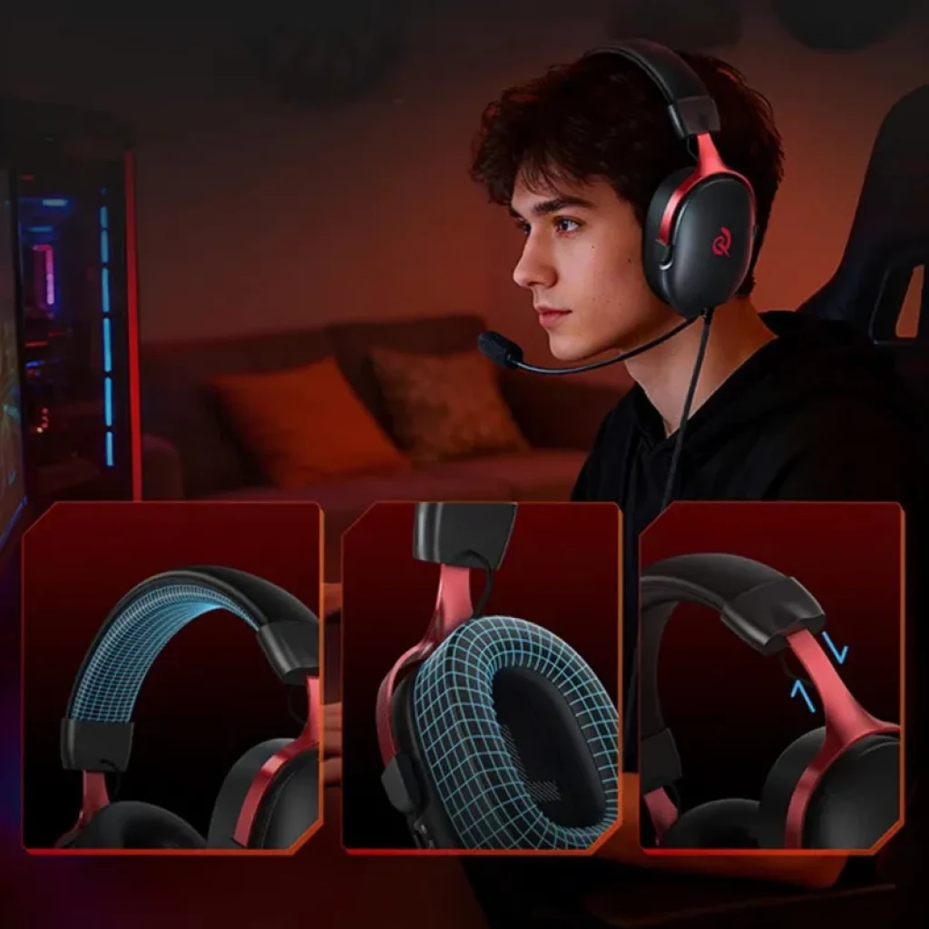 Auscultadores gaming QCY Heroad VN200 USB-A com iluminação vermelha, microfone ajustável, almofadas circum-aurais acolchoadas e arco robusto ergonomicamente