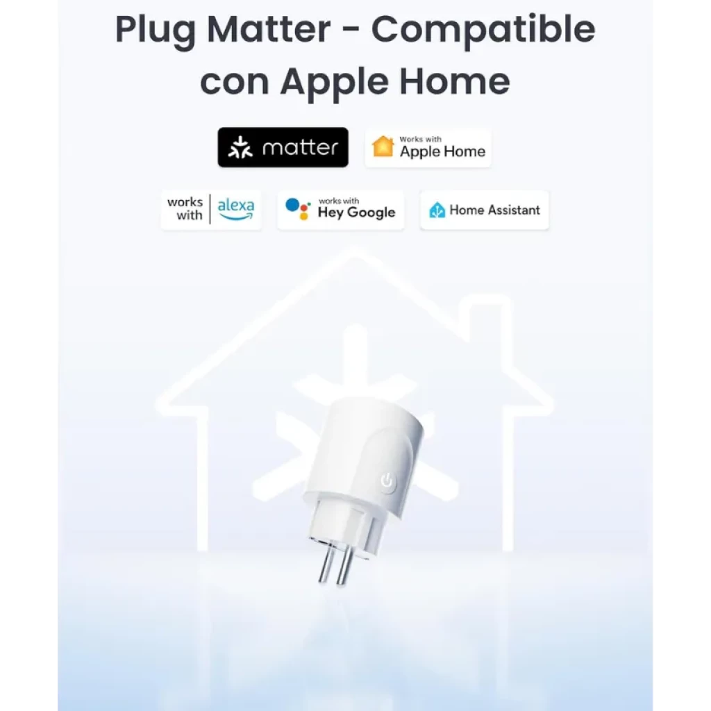 Prise intelligente blanche compacte avec bouton d'alimentation, fiche EU. Compatible avec Matter, Apple Home, Alexa, Google et Home Assistant. WiFi intégré
