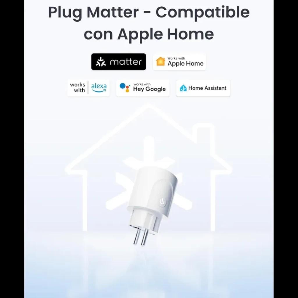 Prise intelligente blanche compacte avec bouton d'alimentation, fiche EU. Compatible avec Matter, Apple Home, Alexa, Google et Home Assistant. WiFi intégré