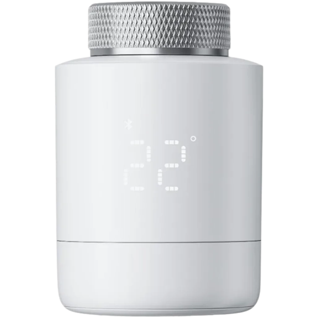 Cabezal termostático blanco con pantalla LED 22°, dial metálico texturizado, diseño cilíndrico minimalista para radiador SwitchBot W7830000 con Bluetooth