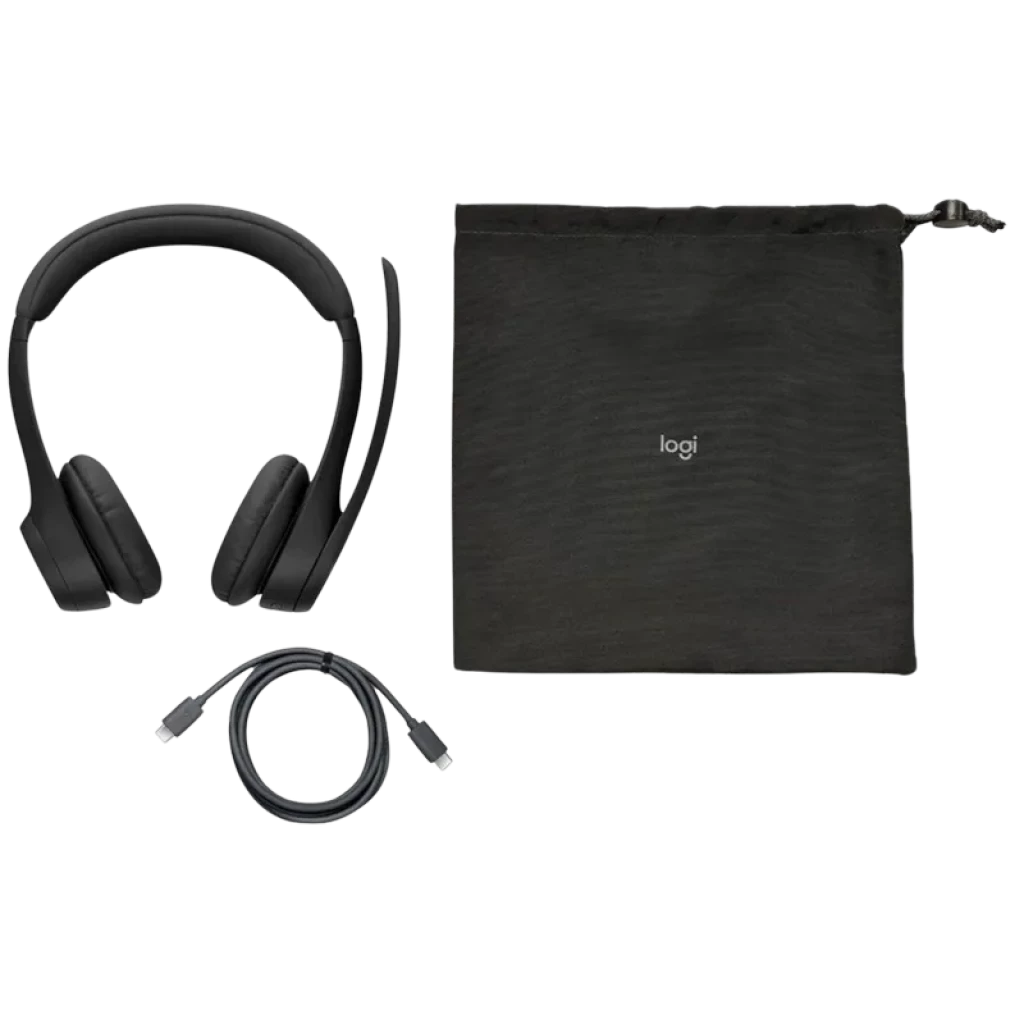 Logitech Zone 305 MS auriculares bluetooth de diadema negros con micrófono plegable, almohadillas acolchadas, cable USB-C incluido y funda con cordón logi