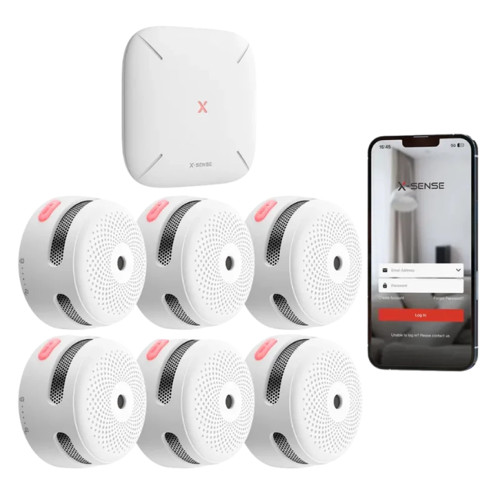 X-Sense FS61 Kit de 6 Detectores de humo XS01-M con HUB SBS50 y app móvil; detectores blancos compactos con rejilla frontal y botones rosados