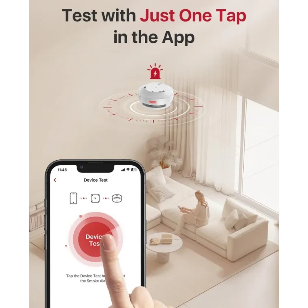 Detector de humo blanco con anillo LED rojo y app móvil mostrando prueba con un toque; diseño compacto para techo y alerta sonora visual