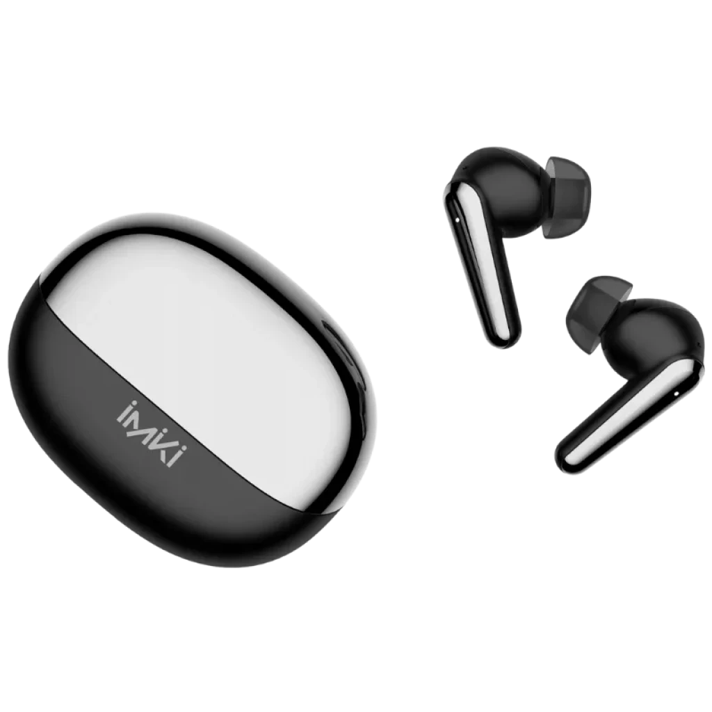 Imiki T14 Preto TWS: estojo oval bicolor preto e prata com logotipo, fones intra-auriculares com hastes brilhantes e pontas de silicone, design compacto