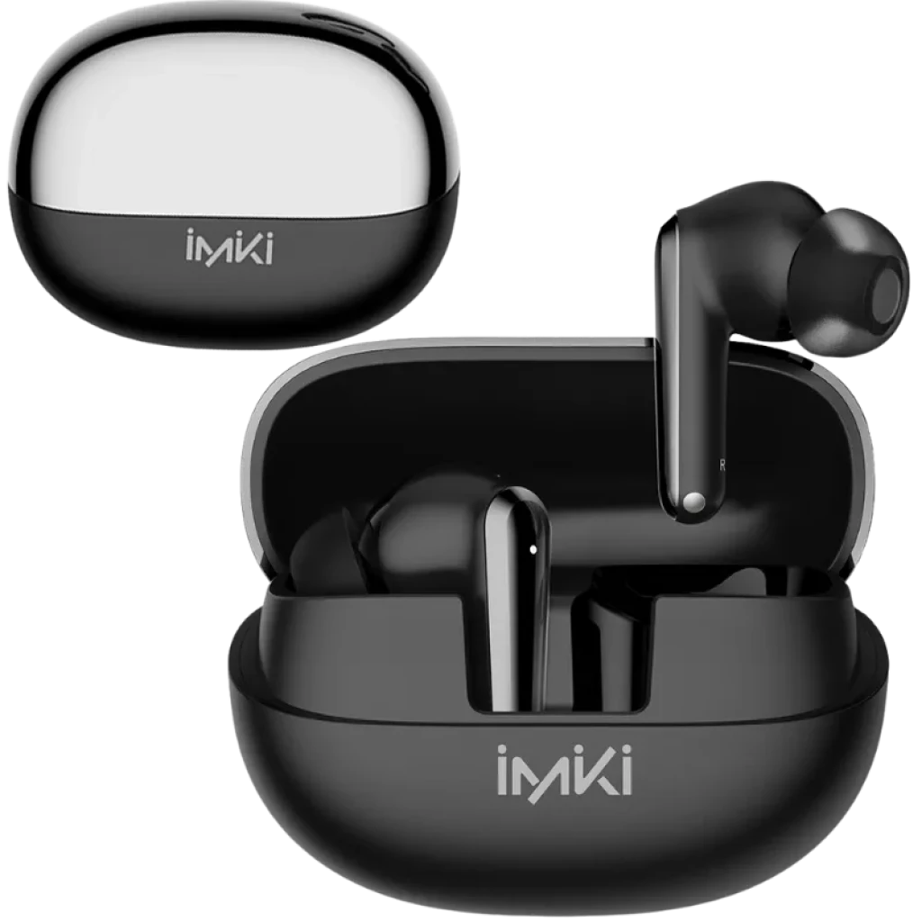 Imiki T14 Preto TWS com estojo oval brilhante e auriculares intra-auriculares pretos com hastes, LED discreto e acabamento liso e moderno