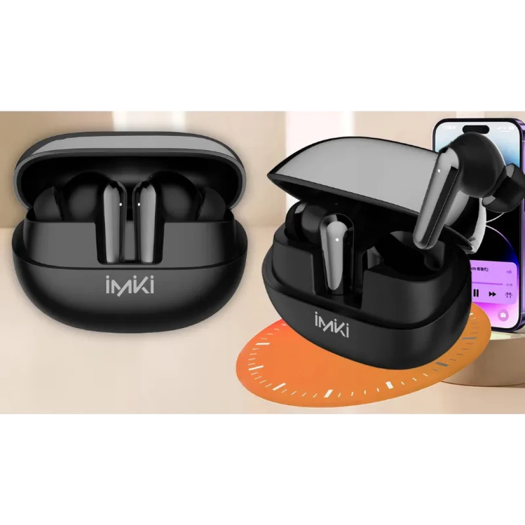 Imiki T14 Preto TWS com estojo de carregamento preto fosco, fones intra-auriculares com hastes metálicas, LEDs discretos e design compacto e elegante