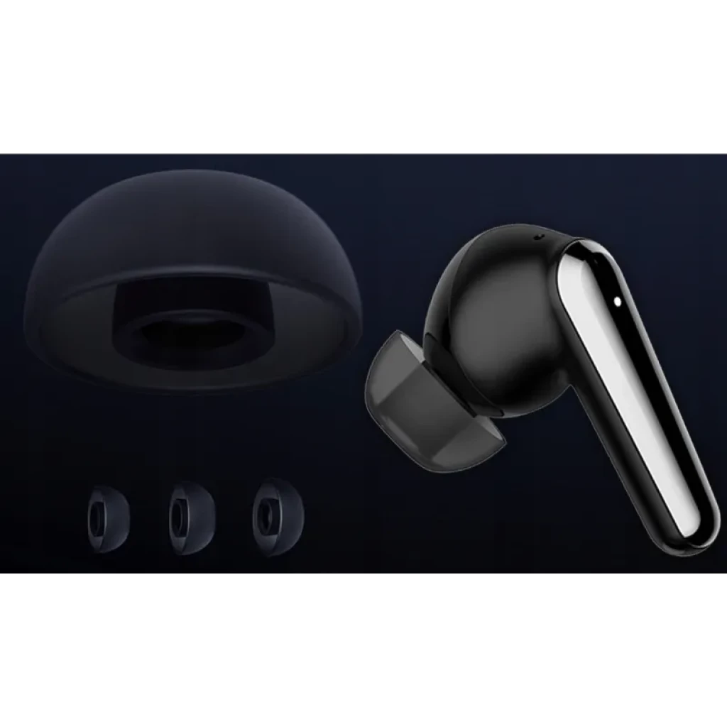 Imiki T14 Preto TWS intra-auriculares com haste brilhante, ponteiras de silicone em vários tamanhos e acabamento preto elegante; estojo não visível na imagem