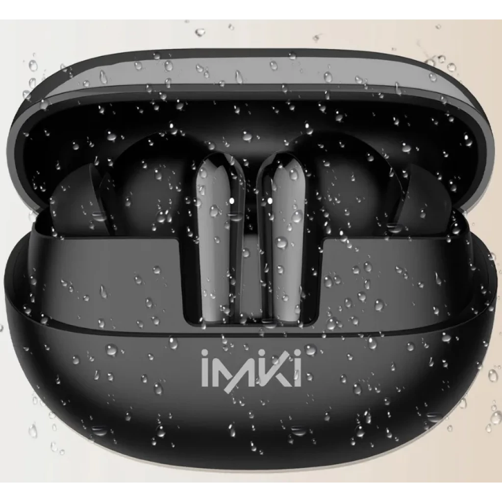 Imiki T14 Preto TWS com case oval preto, acabamento fosco e resistentes a respingos; earbuds intra-auriculares compactos com hastes metálicas prateadas