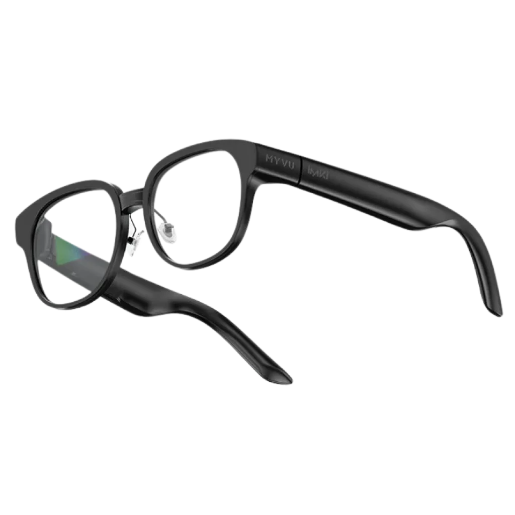 Imiki MYVU Negro con navegación por voz – gafas AR negras, montura clásica redondeada, patillas anchas con logotipo MYVU, lentes transparentes integradas