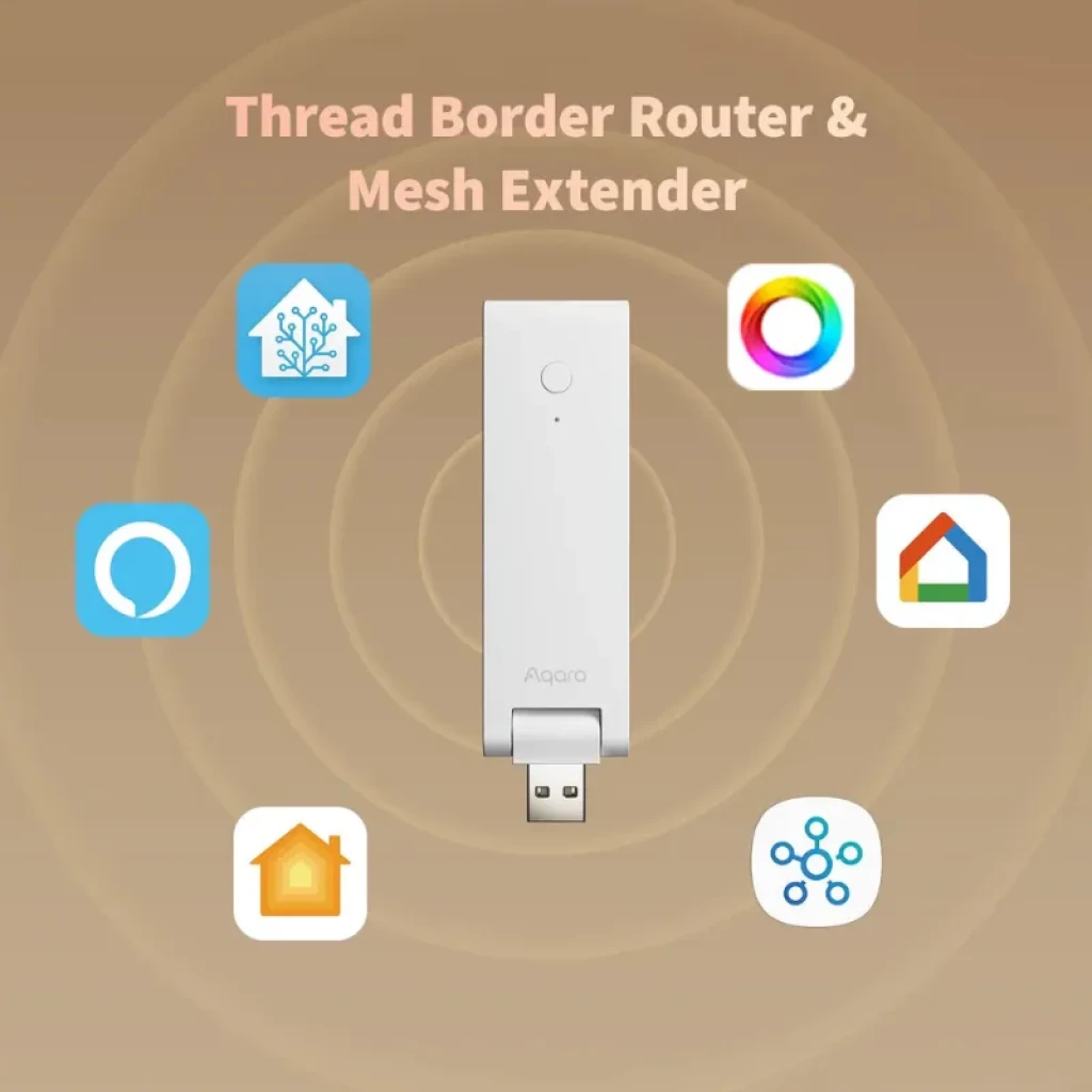 Aqara Hub M100 USB-A blanco, formato dongle, router Thread y extensor mesh. Iconos de apps domóticas alrededor.