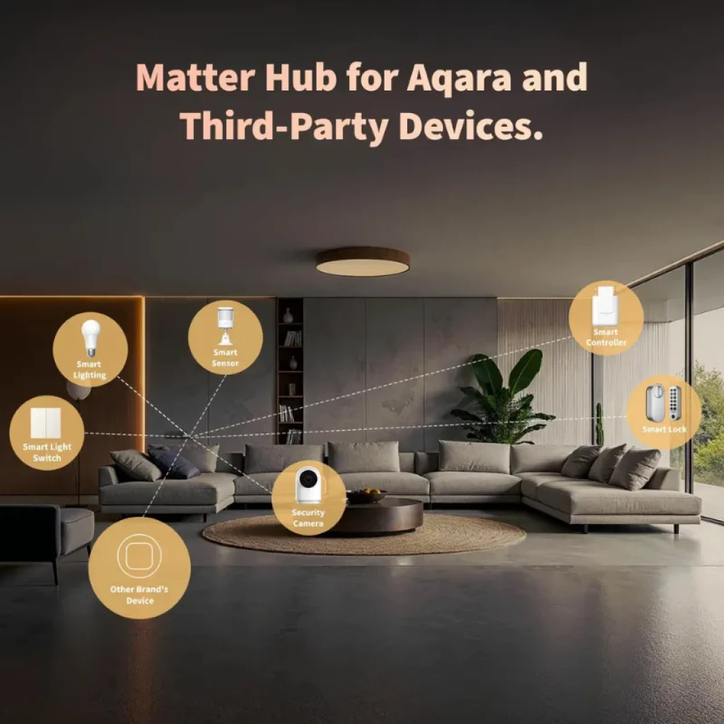 Hub Aqara M100 USB-A Matter con WiFi 6. Centro de control para luces, sensores, cerraduras y cámaras en el hogar.