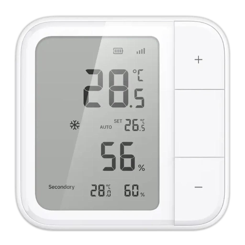 Aqara W100 con pantalla LCD 3,4 pulgadas muestra temperatura y humedad, iconos de modo, batería y señal; botones laterales + y - para control preciso