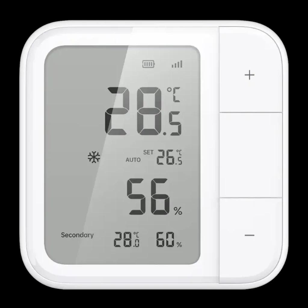 Aqara W100 con pantalla LCD 3,4 pulgadas muestra temperatura y humedad, iconos de modo, batería y señal; botones laterales + y - para control preciso
