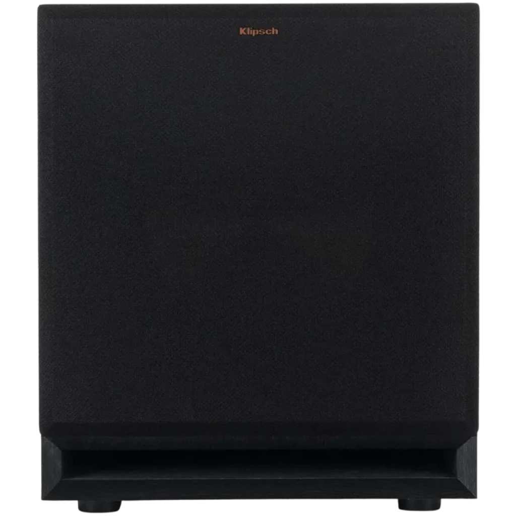 Subwoofer Klipsch SPL 120 CE preto com grade frontal, design cúbico minimalista, logo Klipsch em dourado no topo e base levemente chanfrada