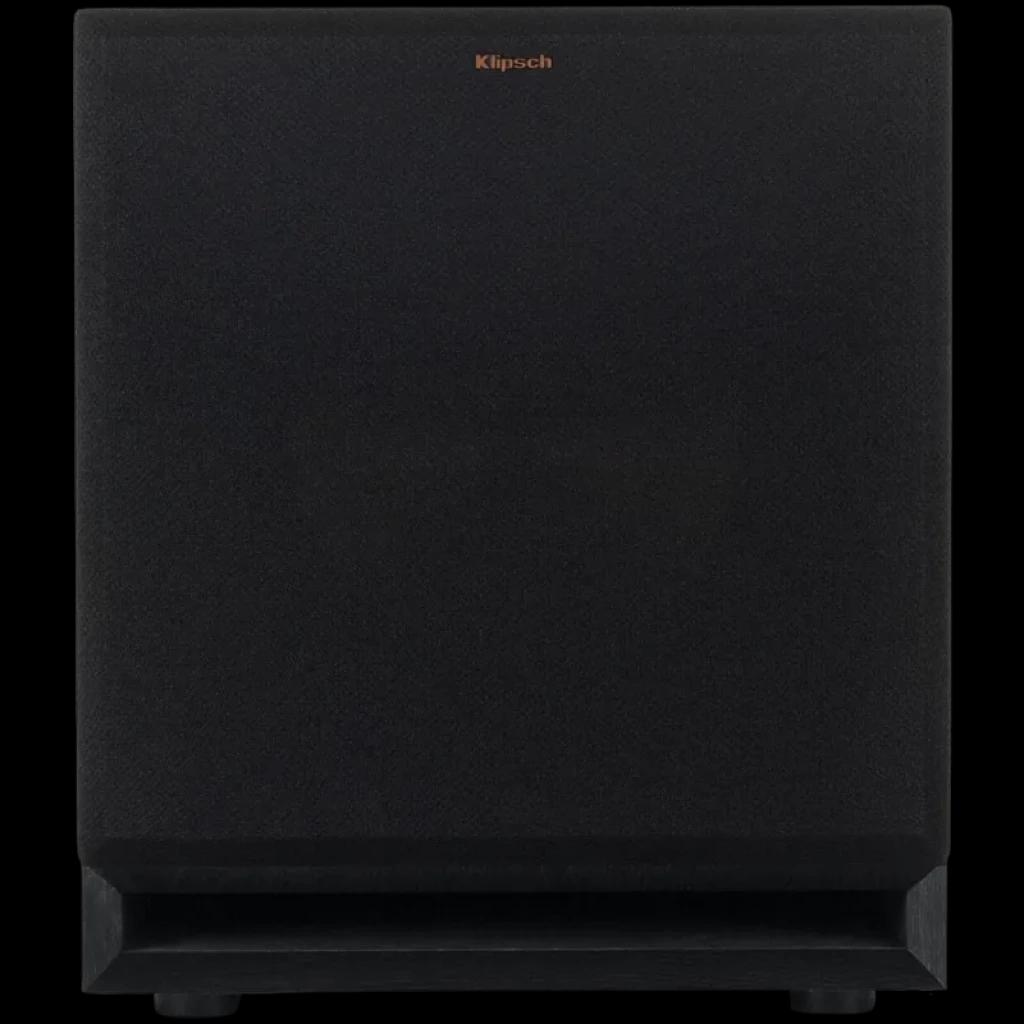 Subwoofer Klipsch SPL 120 CE preto com grade frontal, design cúbico minimalista, logo Klipsch em dourado no topo e base levemente chanfrada