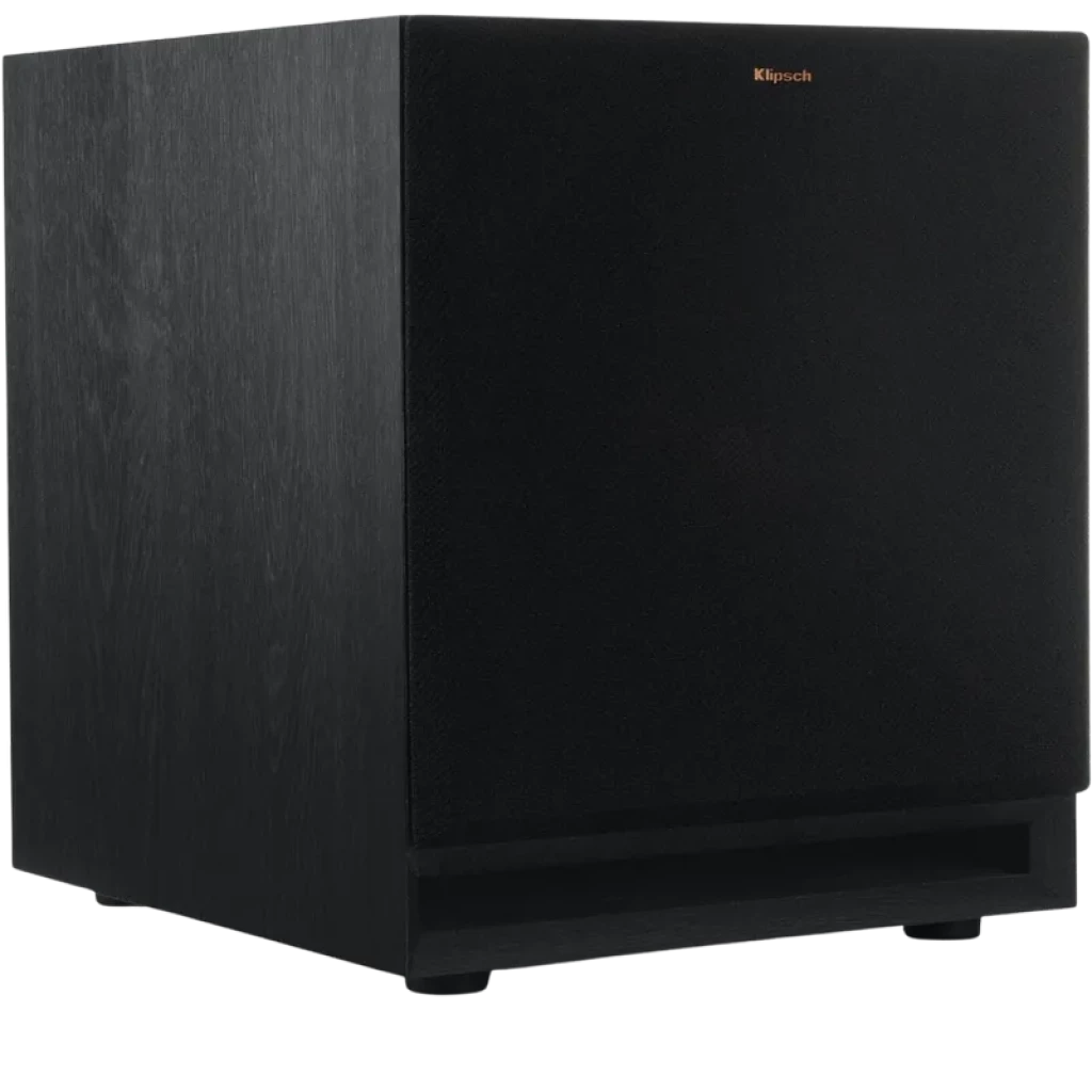 Subwoofer Klipsch SPL 120 CE de 12 pol em caixa preta com acabamento em madeira, grade frontal em tecido e duto frontal para graves potentes