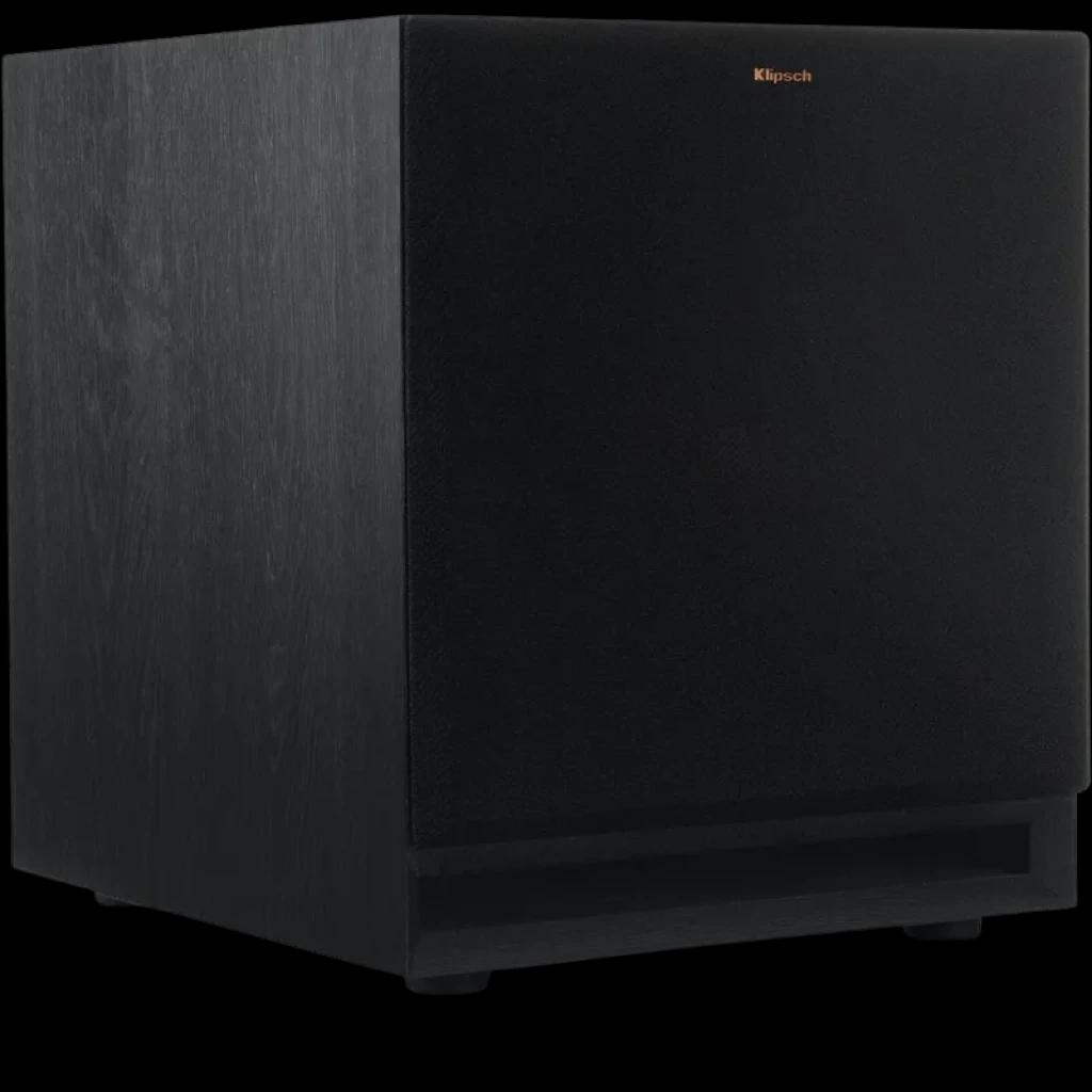 Klipsch SPL 100 CE de 10 polegadas, gabinete preto com acabamento em madeira, grade frontal preta minimalista e duto inferior para graves potentes
