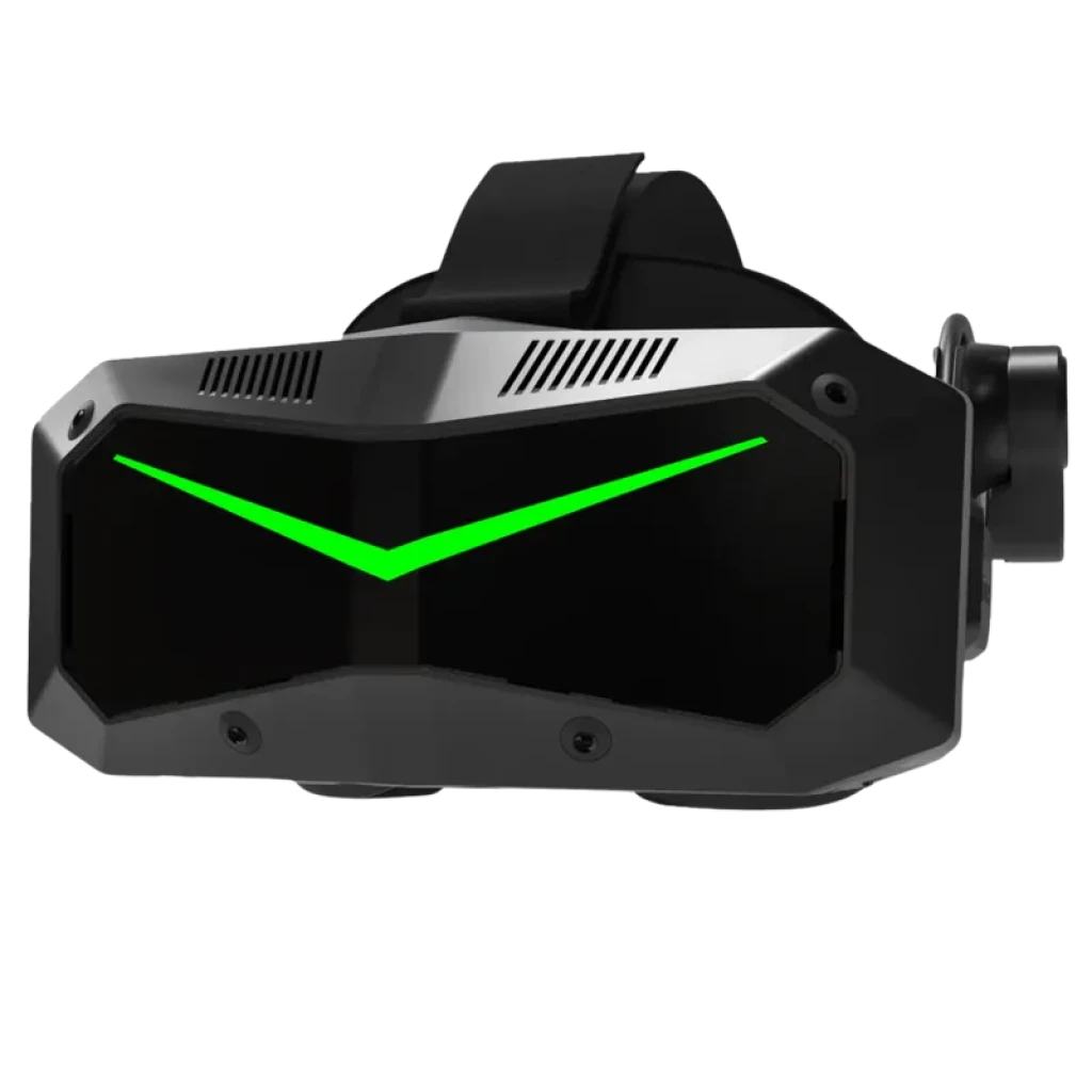 Pimax Crystal Super visor VR preto com visor frontal brilhante e faixa verde em V, design robusto, ventilação superior e alça acolchoada ajustável