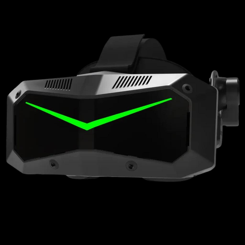 Pimax Crystal Super visor VR preto com visor frontal brilhante e faixa verde em V, design robusto, ventilação superior e alça acolchoada ajustável