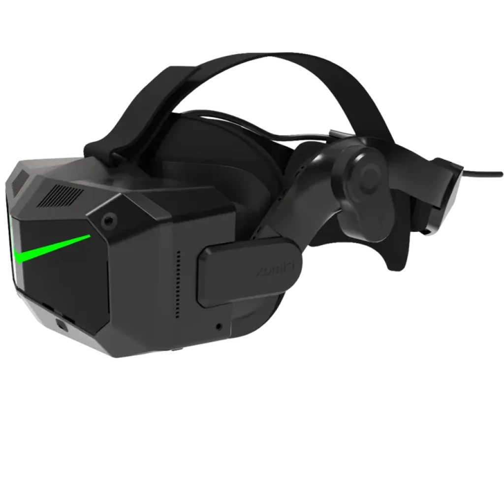 Pimax Crystal Super visor VR preto com design angular, faixa de cabeça ajustável e visor frontal com luz verde; construção robusta e acabamento fosco