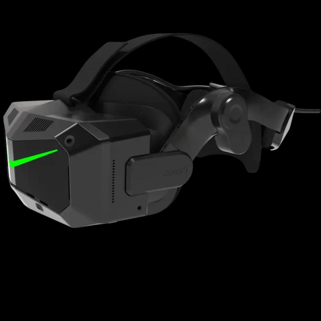 Pimax Crystal Super visor VR preto com design angular, faixa de cabeça ajustável e visor frontal com luz verde; construção robusta e acabamento fosco