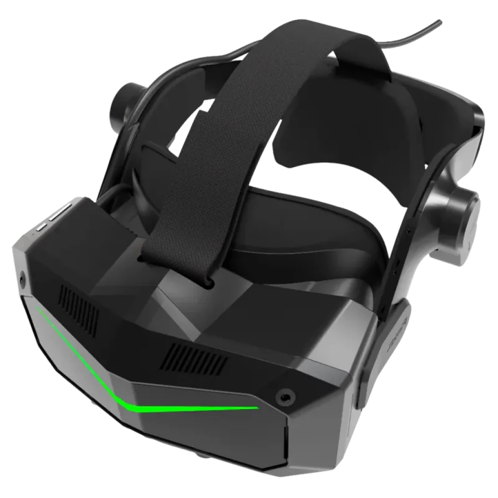 Pimax Crystal Super com design robusto em preto, faixa ajustável e LED verde frontal; visor VR para PC com lentes grandes e acabamento angular moderno